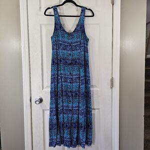 ICI Blue & Teal Floral Sleeveless Button Down Summer Dress Large